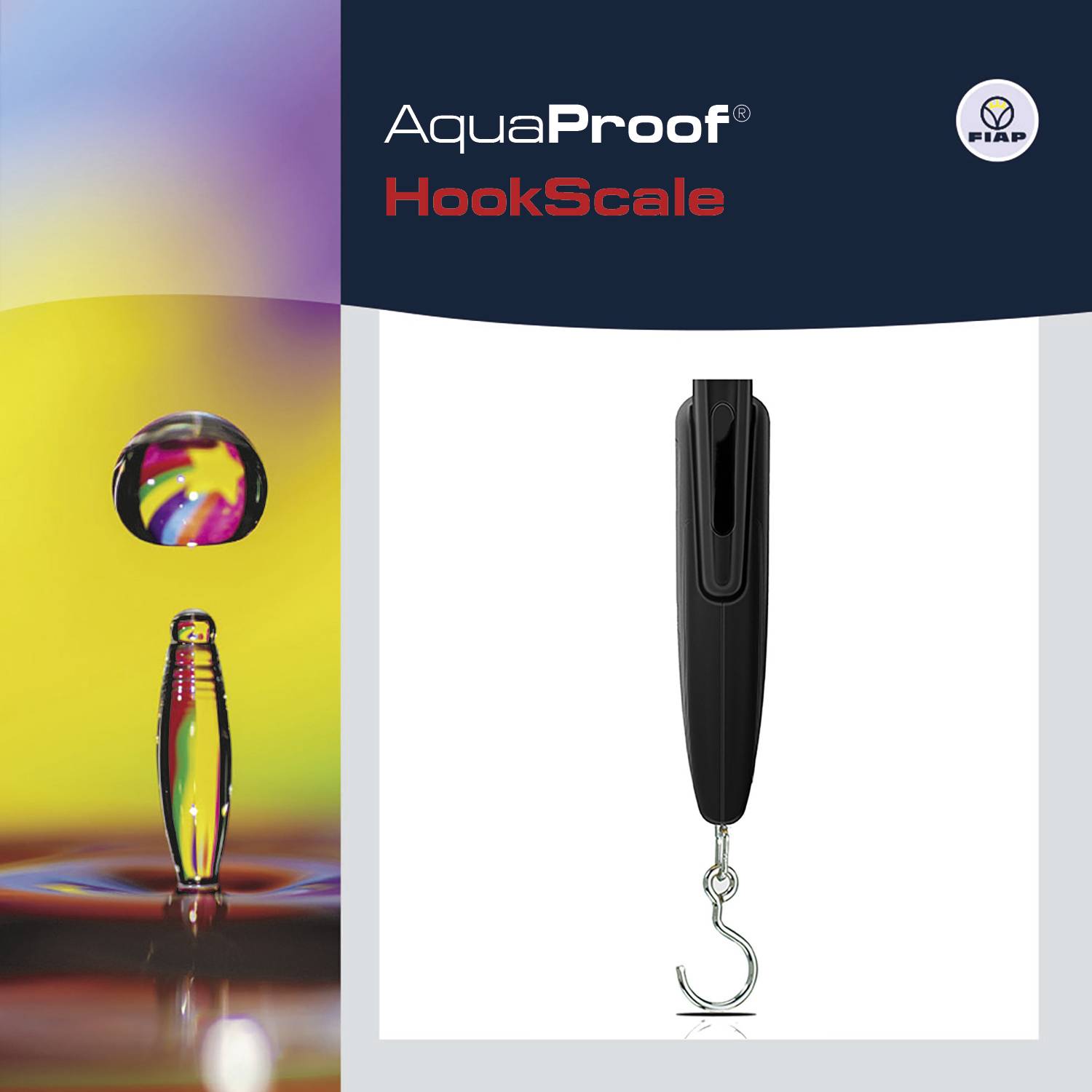'AquaProof HookScale' con un attrezzo dotato di gancio, diviso a sinistra in immagini colorate di spruzzi d'acqua e a destra con l'immagine del prodotto.