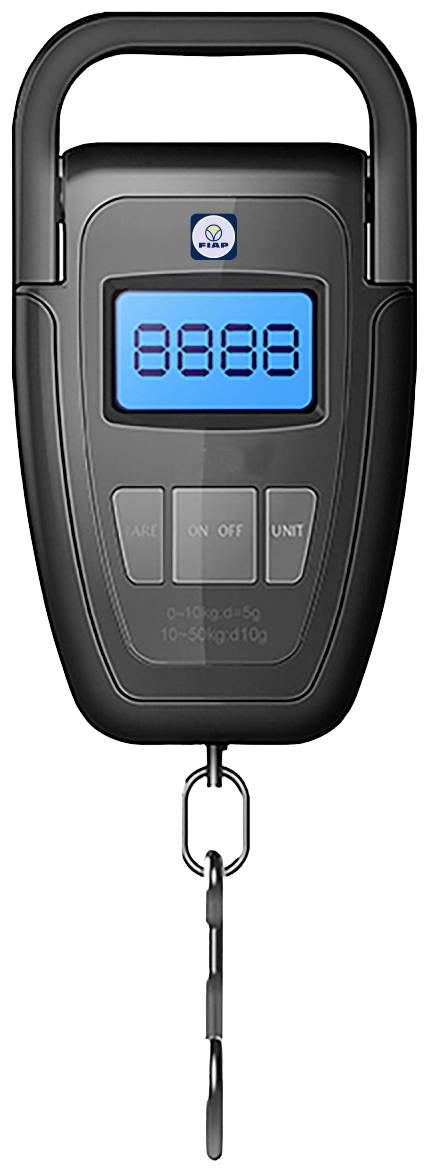 Una bilancia digitale a sospensione con gancio, che mostra il numero 8888 su uno schermo blu. La bilancia ha tasti per 'ON/OFF' e 'UNIT'.