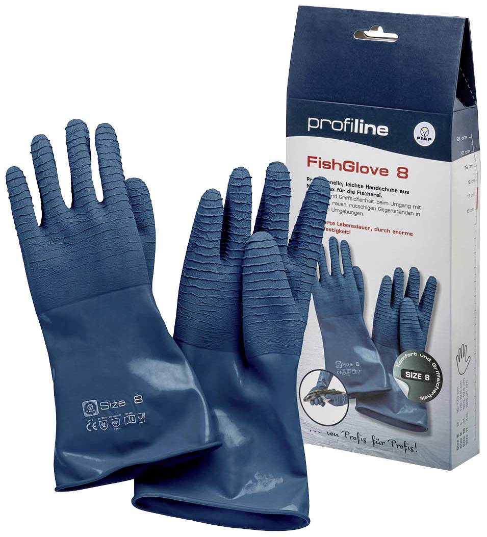 Guanti blu a coste davanti a una confezione con la scritta 'FishGlove 8'. Adatti per una presa sicura su superfici umide. Taglia 8.
