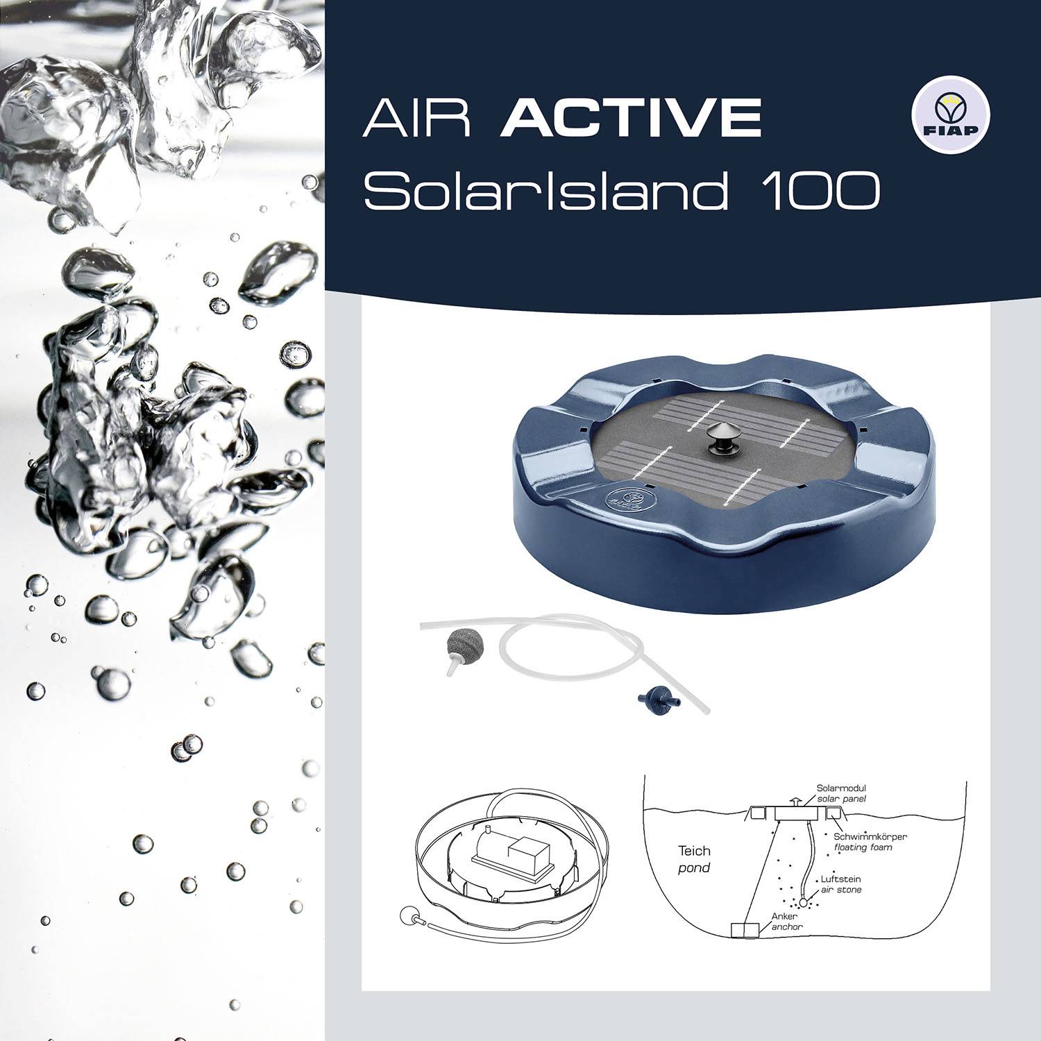 "Air Active Solar Island 50" Pompa per l'aerazione dello stagno con cella solare, cavo e pietra effervescente. Diagramma di installazione in basso a destra.