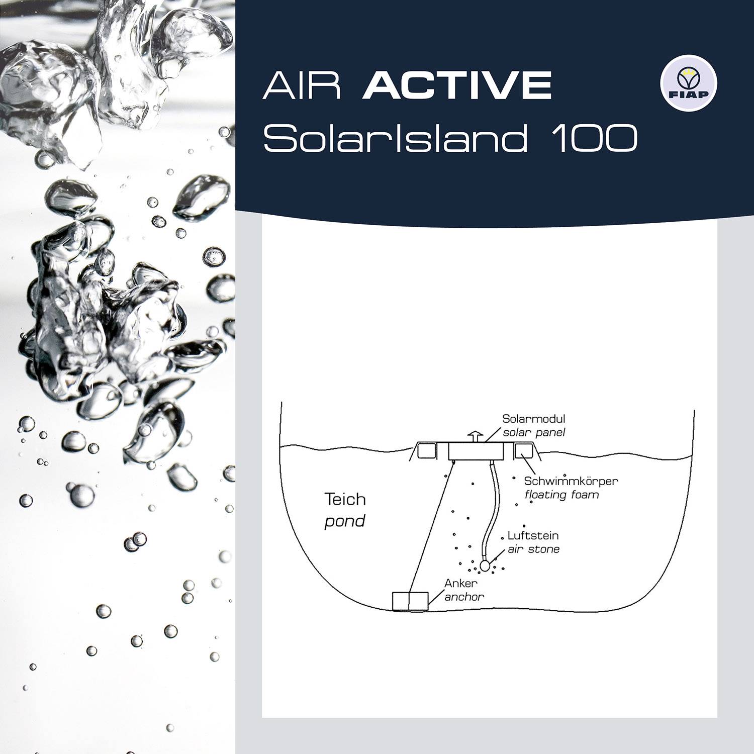 'Rappresentazione di un sistema di aerazione per stagno solare che utilizza un modulo solare per l'immissione di aria e un corpo galleggiante.'