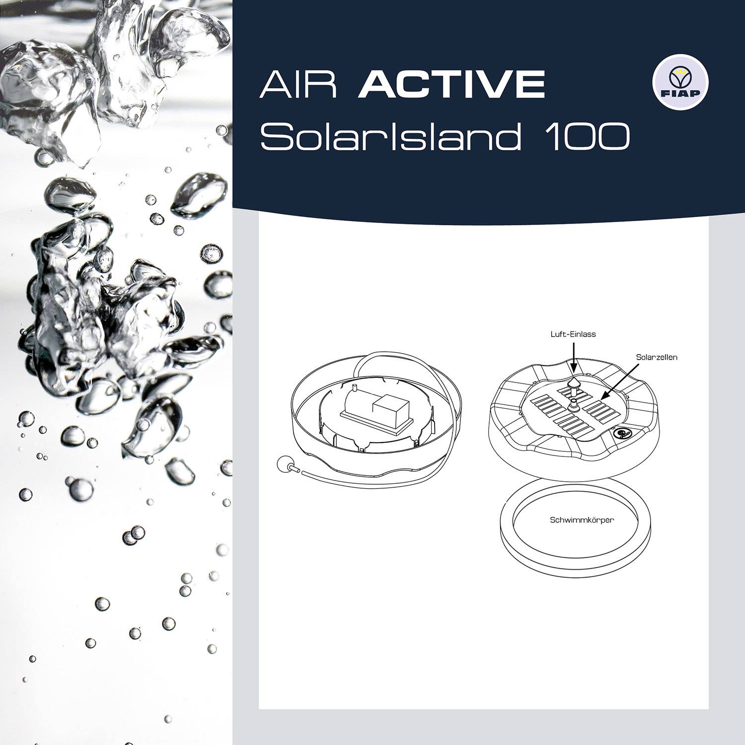Sigillo di qualità 'Solar Active' su sfondo blu scuro, simboleggia prodotti solari innovativi e di alta qualità. A sinistra un tramonto sul lago con uccelli nel cielo.