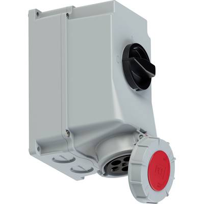 Scatola industriale interruttore in materiale grigio metallizzato con spina rossa sul lato inferiore e interruttore nero in alto a destra.