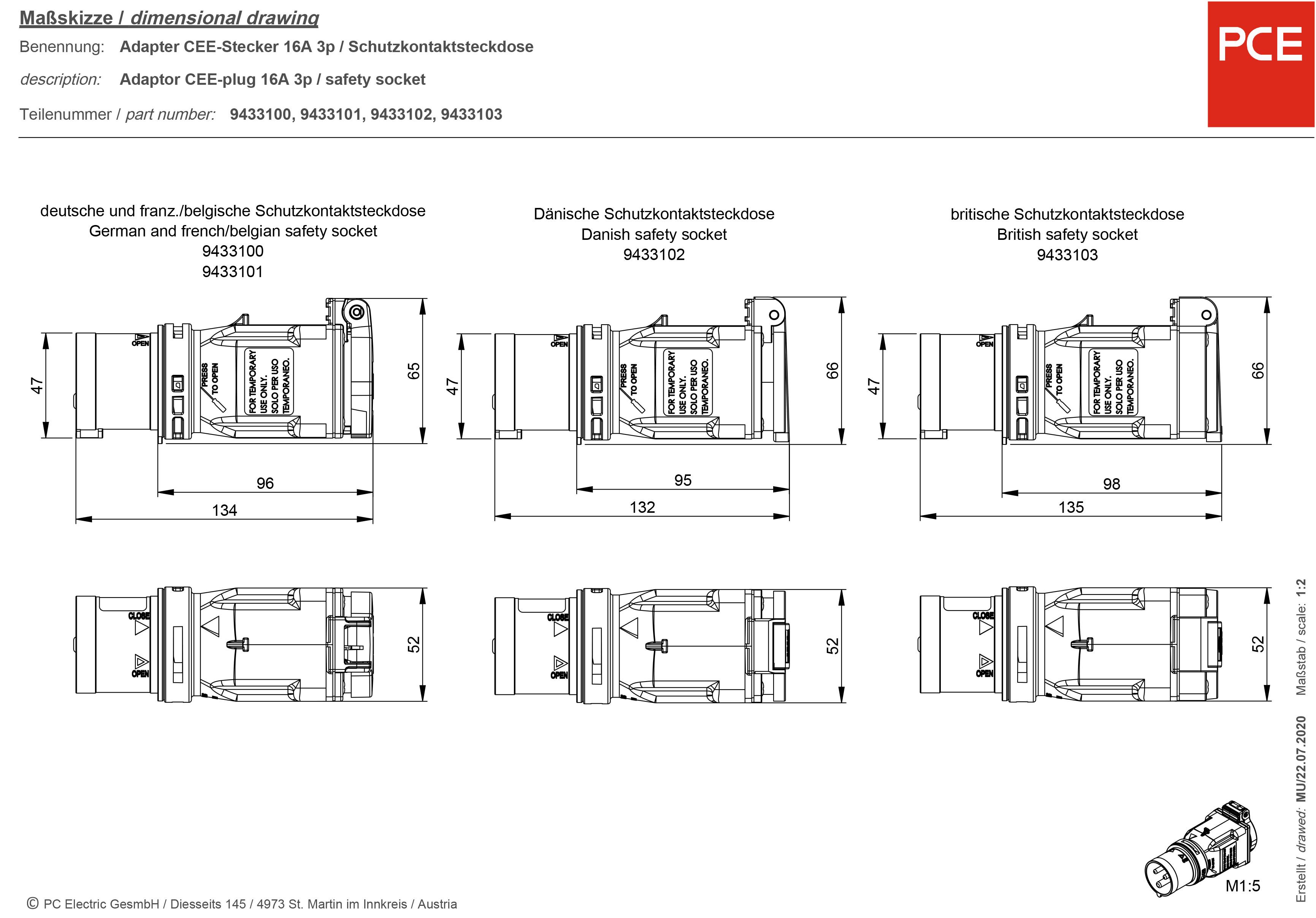 'Schizzo in scala dell'adattatore di sicurezza con dimensioni in mm. Mostra gli standard di diversi paesi, tra cui Germania, Danimarca e Regno Unito.'
