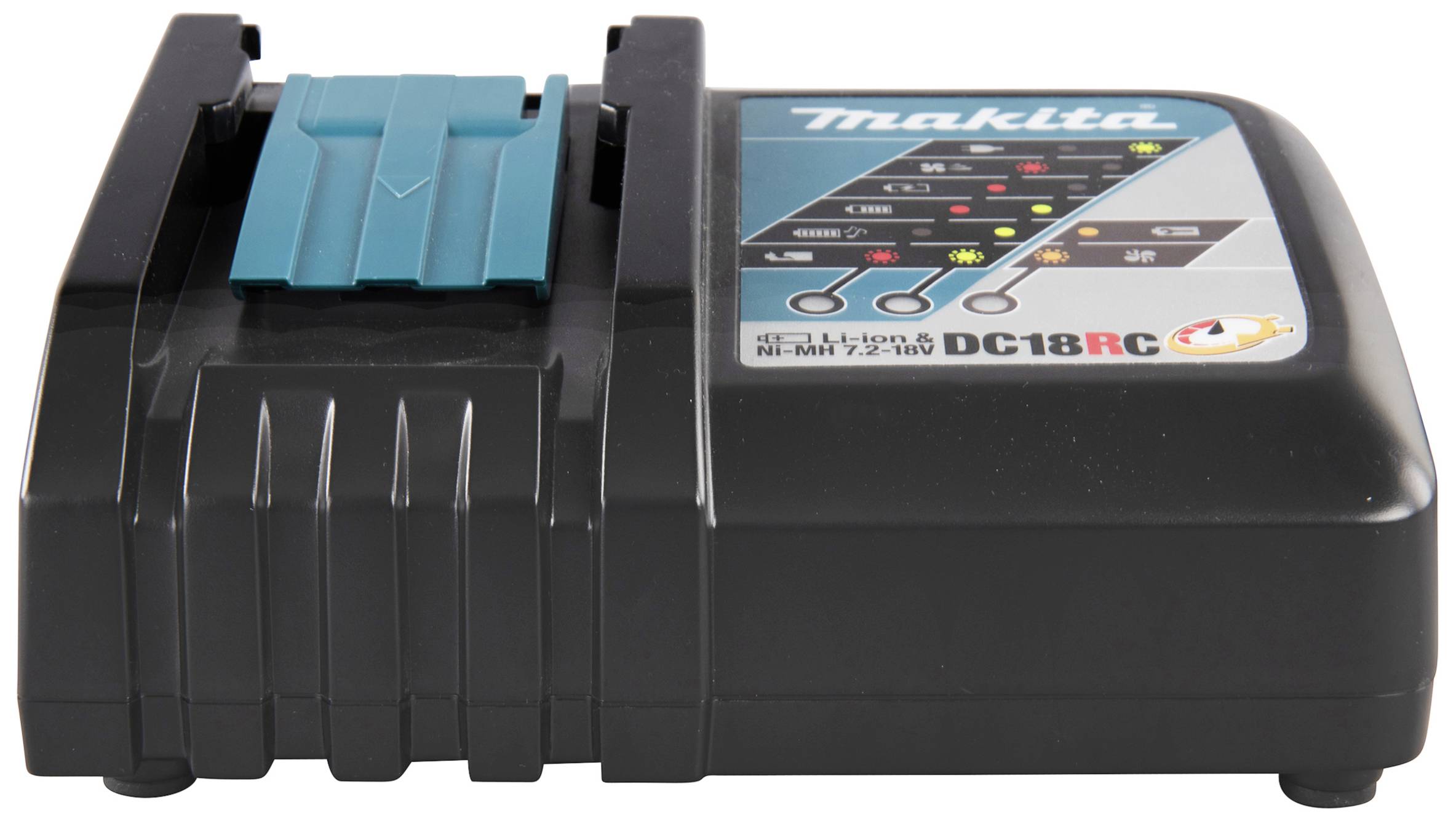 Caricabatterie Makita nero-blu 'DC18RC' con indicatore di stato di carica e dock per batteria in alto.