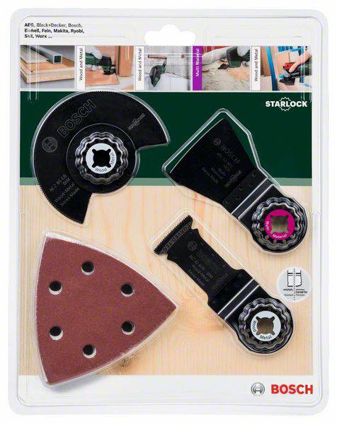 Confezione con quattro accessori Bosch per utensili multiuso, inclusi piastra abrasiva, lama per sega circolare e utensile a spatola. Adatti a diversi lavori artigianali.
