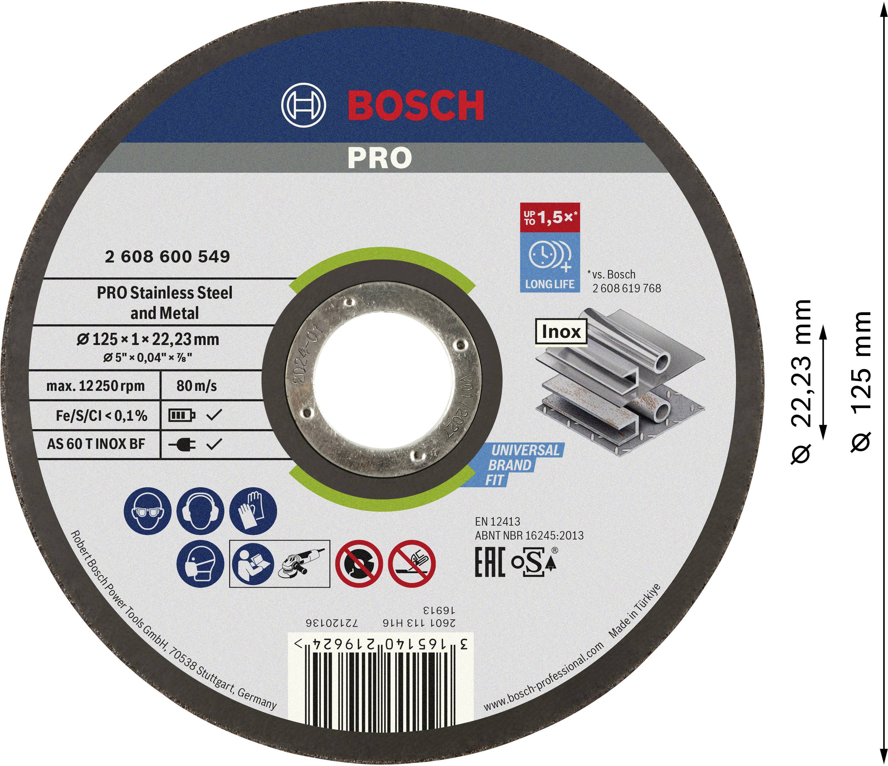 Disco abrasivo per acciaio inossidabile e metallo, diametro 125 mm, spessore 22,23 mm, con logo Bosch e specifiche del prodotto.
