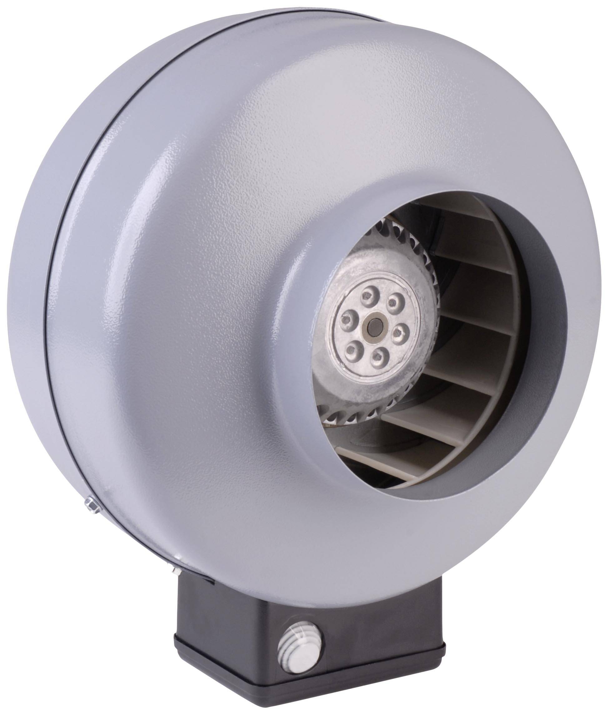 Ventilatore grigio, rotondo, all'interno di un involucro. Le pale del rotore sono visibili internamente. Scatola di connessione elettrica in basso.