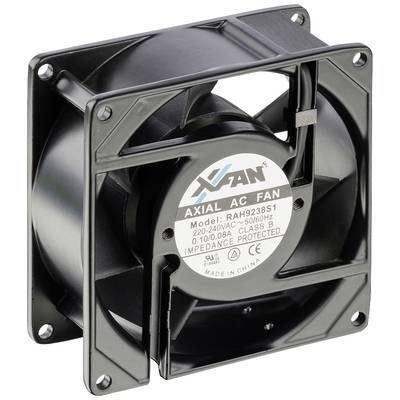 Un ventilatore assiale nero AC con numero di modello RAH9238H1, idoneo per 220-240V, 0,10/0,08A, classe B, fabbricato in Cina.
