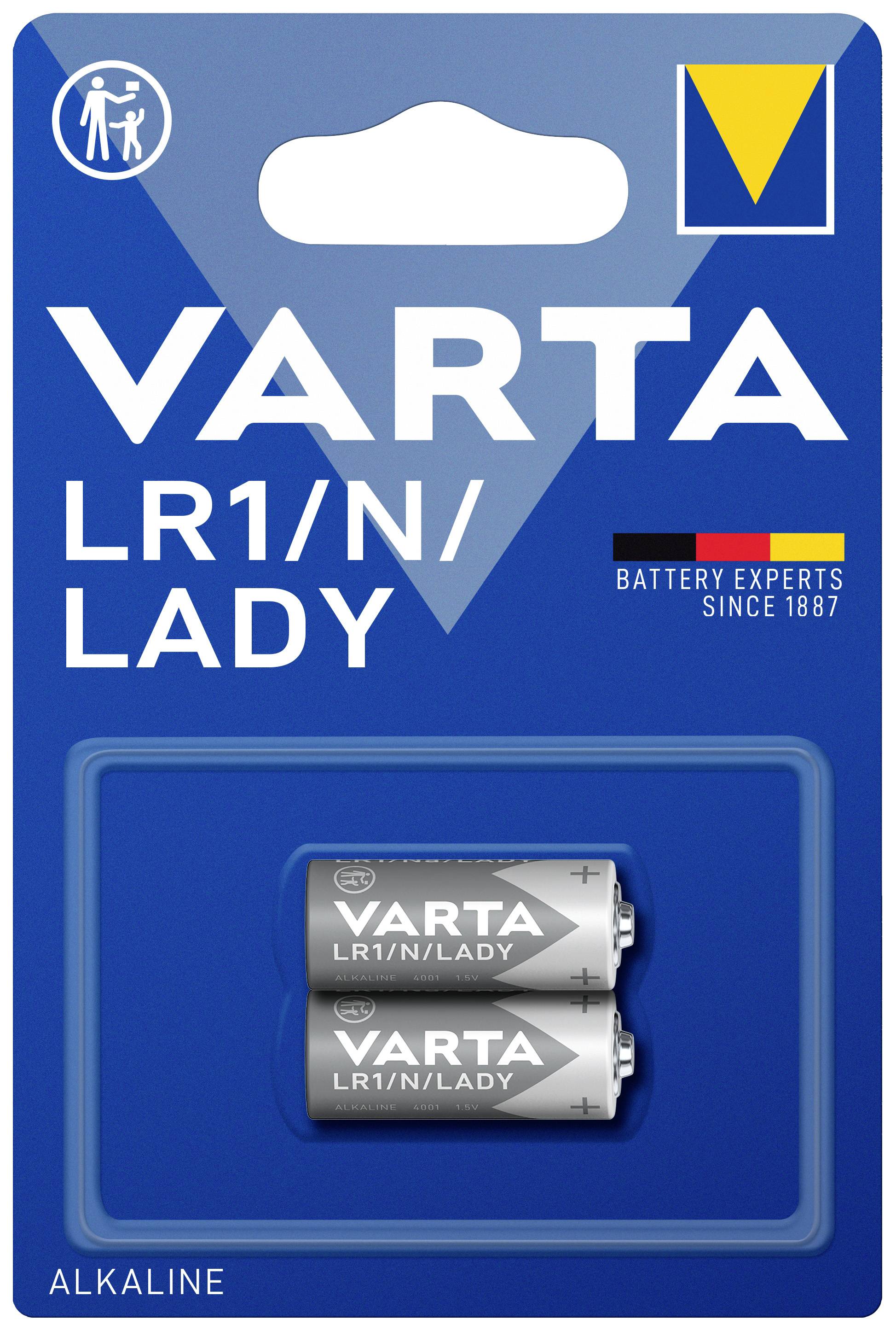 'VARTA LR1 Batterie', due batterie alcaline su sfondo blu in confezione blister, logo del produttore, esperti di batterie dal 1887.
