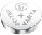 Batteria a bottone d'argento con scritta 'CR2450 VARTA' e simbolo di avvertenza per bambini.