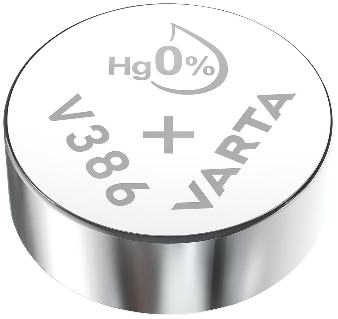 Batteria a bottone rotonda con scritta 'V386 VARTA', priva di mercurio, raffigurazione di una goccia con simbolo 'Hg 0%' in alto.