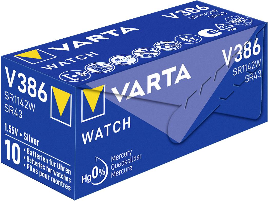 Scatola batterie VARTA WATCH V386, blu, con 10 batterie a bottone per orologi, tensione: 1,55V. Contrassegno Hg 0% per batterie prive di mercurio.