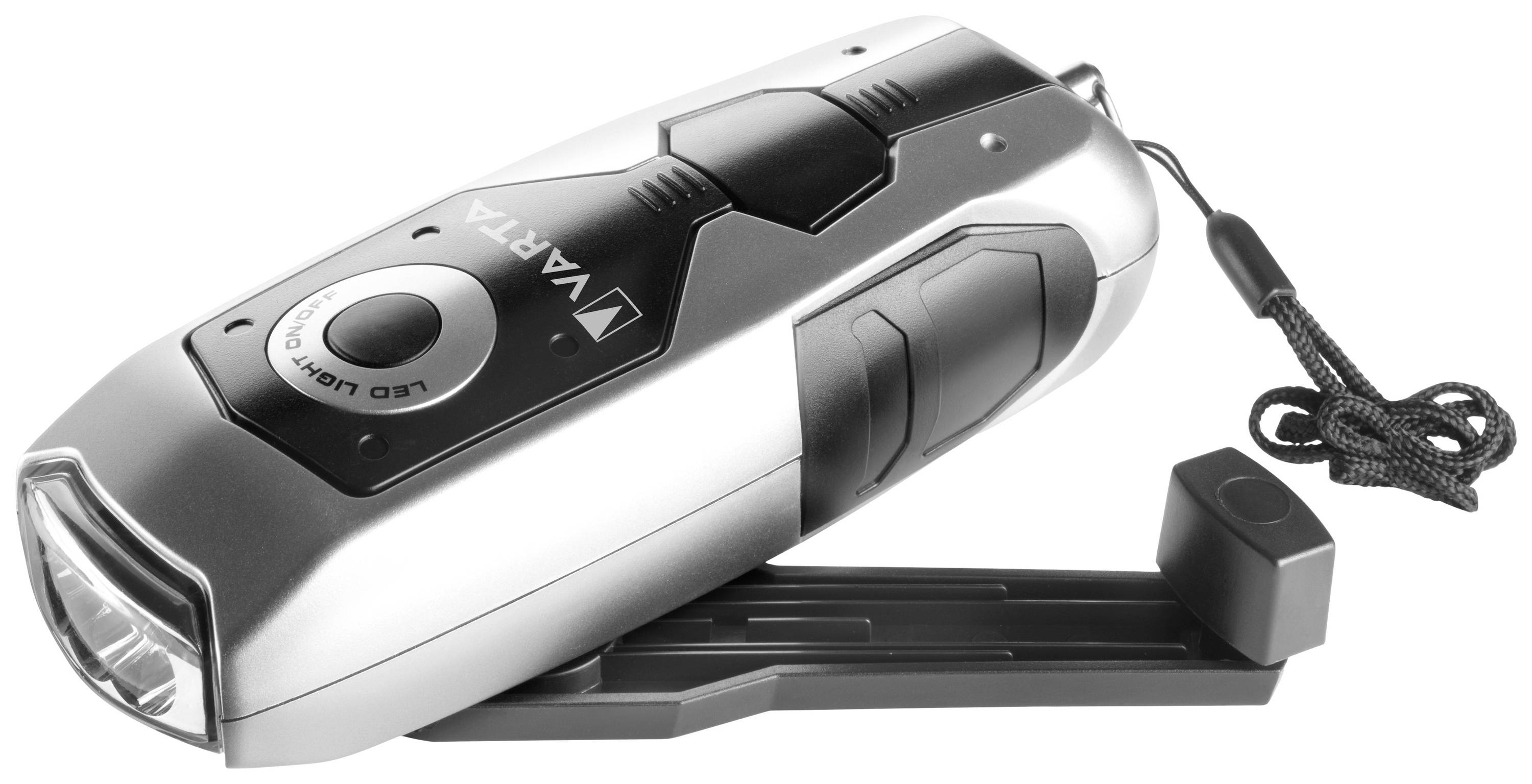 Torcia LED argentata con interruttore nero e manovella. Nome del marchio 'VARTA' sulla superficie, cinturino da polso nero.