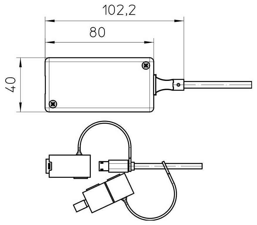 Diagramma di un dispositivo rettangolare con dimensioni: 102,2 mm per 40 mm. Include un cavo con connettori mostrati in una vista laterale.