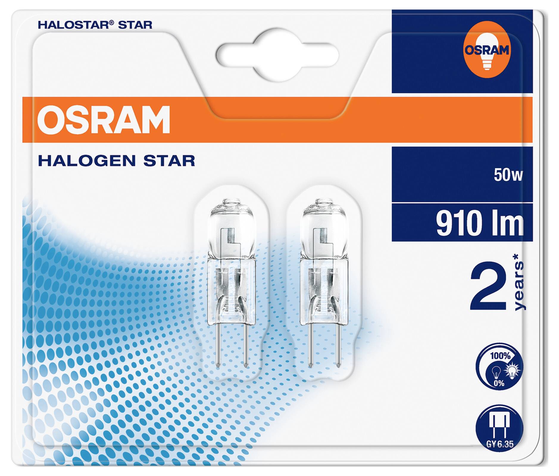 Due lampade alogene OSRAM in una confezione. In alto è scritto 'HALOGEN STAR'. Potenza: 50W, flusso luminoso: 910 lm, durata: 2 anni.