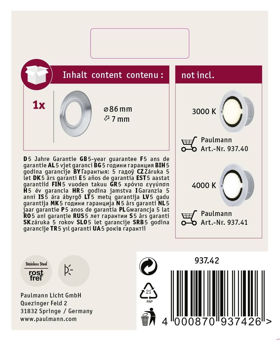 'Ring' con diametro di 86 mm indicato. Due lampadine, 3000 K e 4000 K, non incluse. Numero articolo 937.42. Informazioni sulla garanzia e contatti in basso.