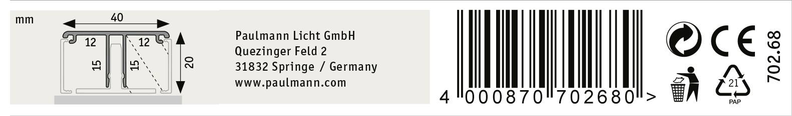 'Etichetta con codice a barre e informazioni aziendali: Paulmann Licht GmbH, indirizzo a Springe, Germania. Dimensioni: 40 x 20 mm. Marchio CE presente.'