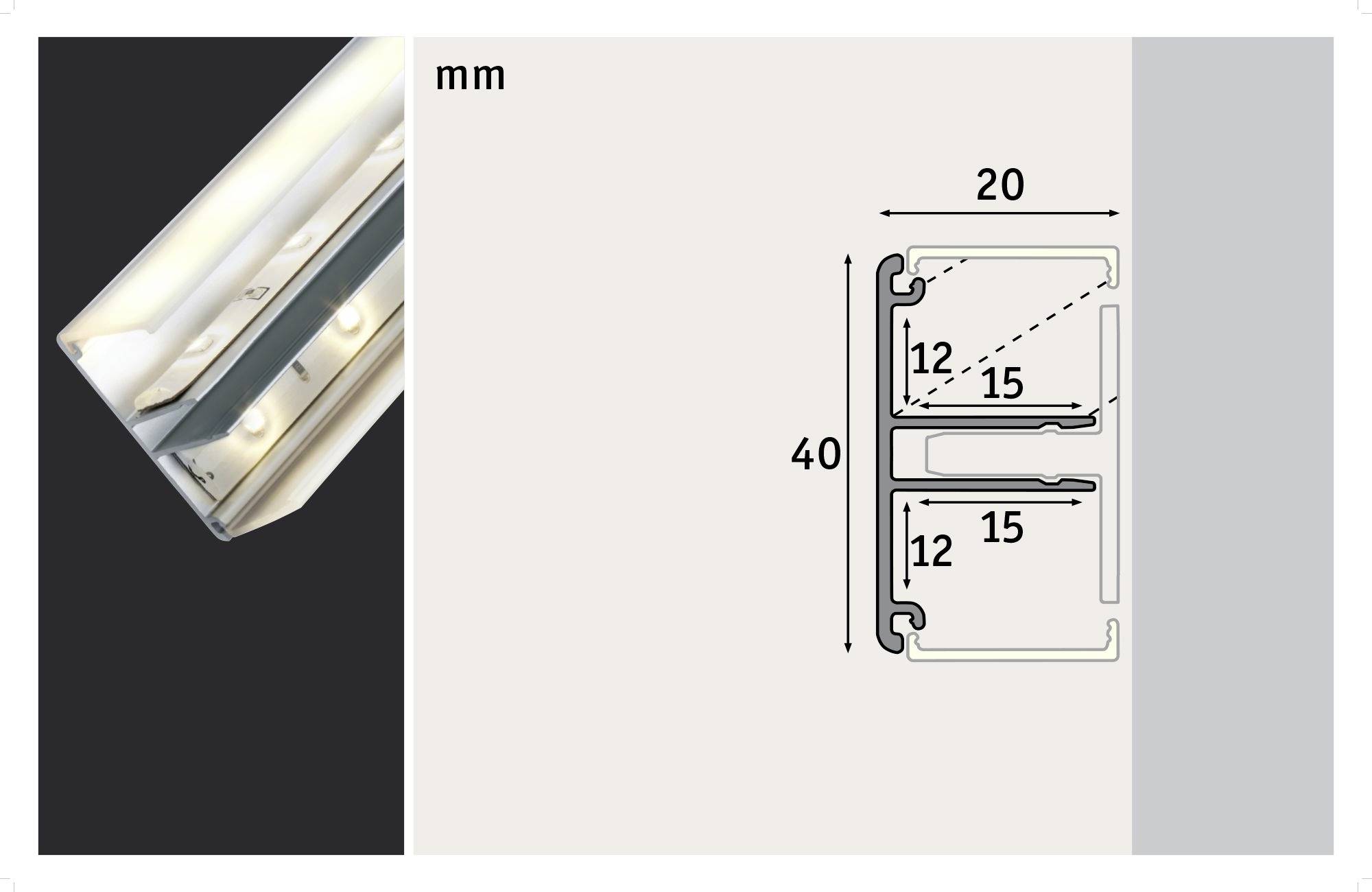 Profilo di un telaio metallico rettangolare con dimensioni: lunghezza 40 mm, larghezza 20 mm. Contiene separazioni interne delle misure di 12 mm e 15 mm.