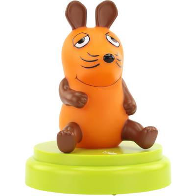 Un piccolo giocattolo di plastica arancione a forma di topo stilizzato, con orecchie e zampe marroni, seduto su una base verde.
