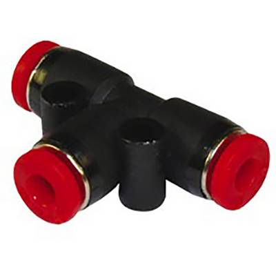 Raccordo a T in plastica nera con estremità rosse, utilizzato per collegare tre tubi o condotte in sistemi pneumatici.