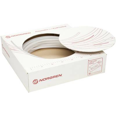Una scatola bianca con la scritta 'Norgren' contiene tubi pneumatici trasparenti. Accanto è visibile un'impronta grafica rossa.