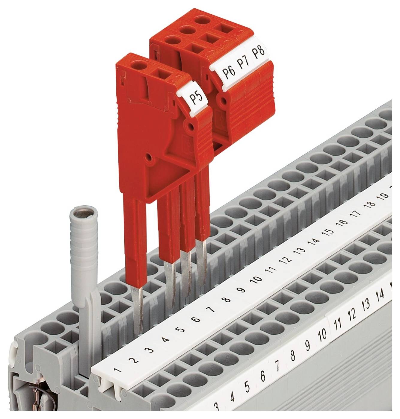 Un sistema di morsettiera modulare con connettori rossi etichettati P5, P6, P7 e P8 inseriti, insieme a punti di collegamento numerati.
