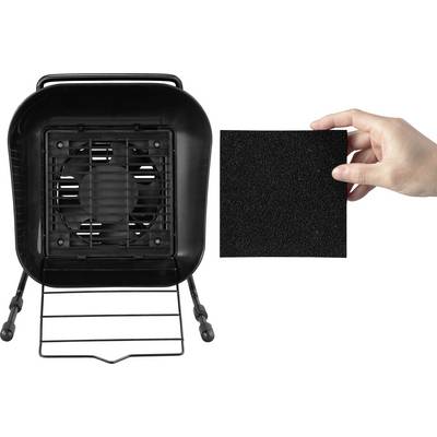 Un aspiratore per saldatore con un ventilatore, accanto a una mano che tiene un filtro nero intercambiabile.