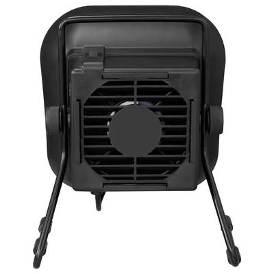 Un termoventilatore elettrico nero visto da dietro, con il ventilatore e i piedini per la regolazione dell'inclinazione visibili.