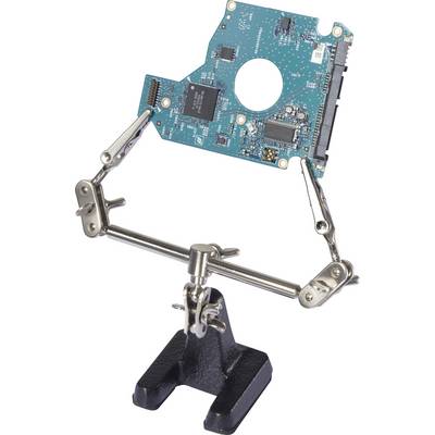 Una scheda verde per computer è sostenuta da un supporto metallico con diversi bracci mobili.