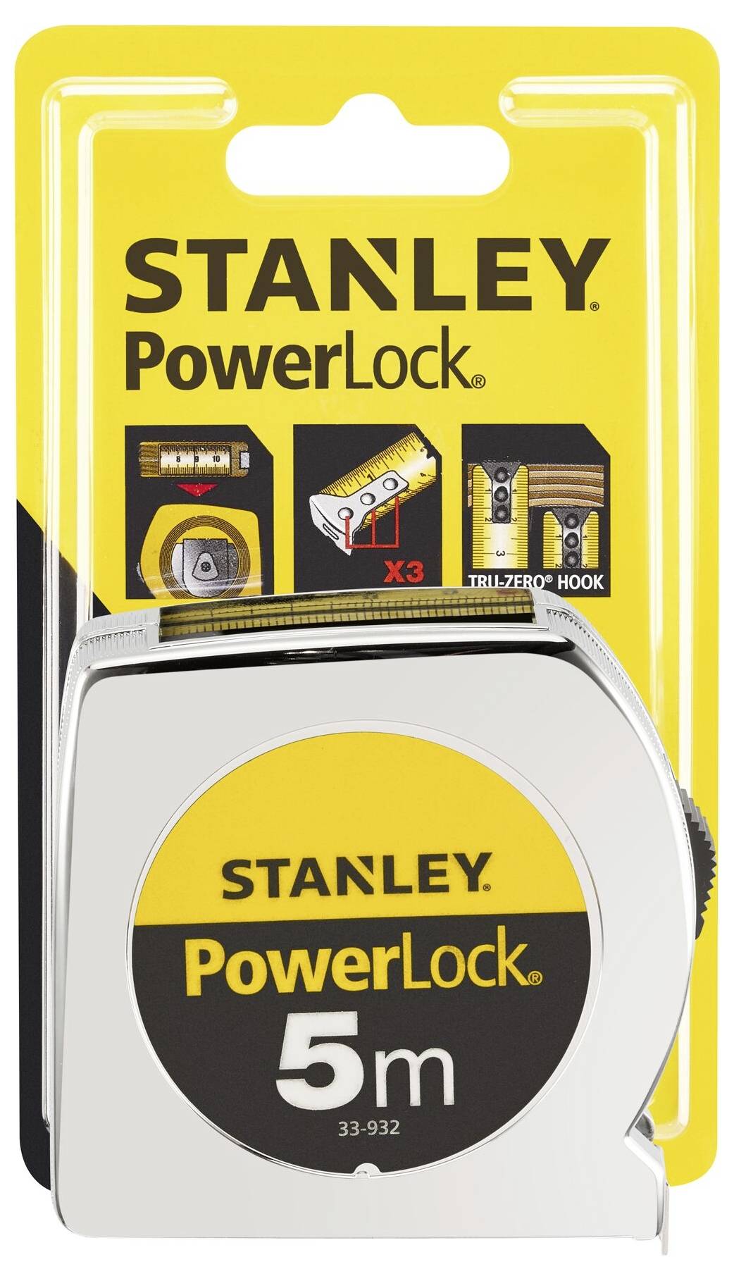 Un metro a nastro Stanley PowerLock da 5 metri, confezionato in una confezione gialla e nera.
