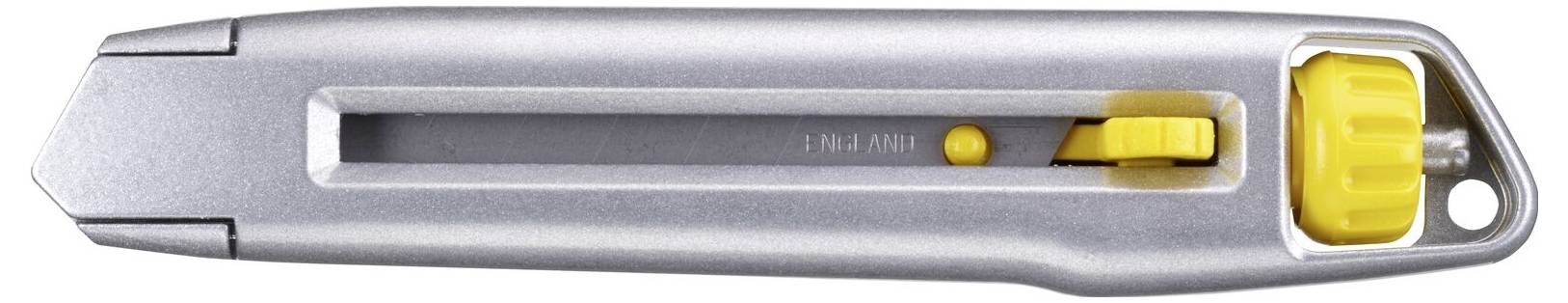 Coltello universale argentato con ghiera gialla e meccanismo scorrevole per l'estrazione della lama.