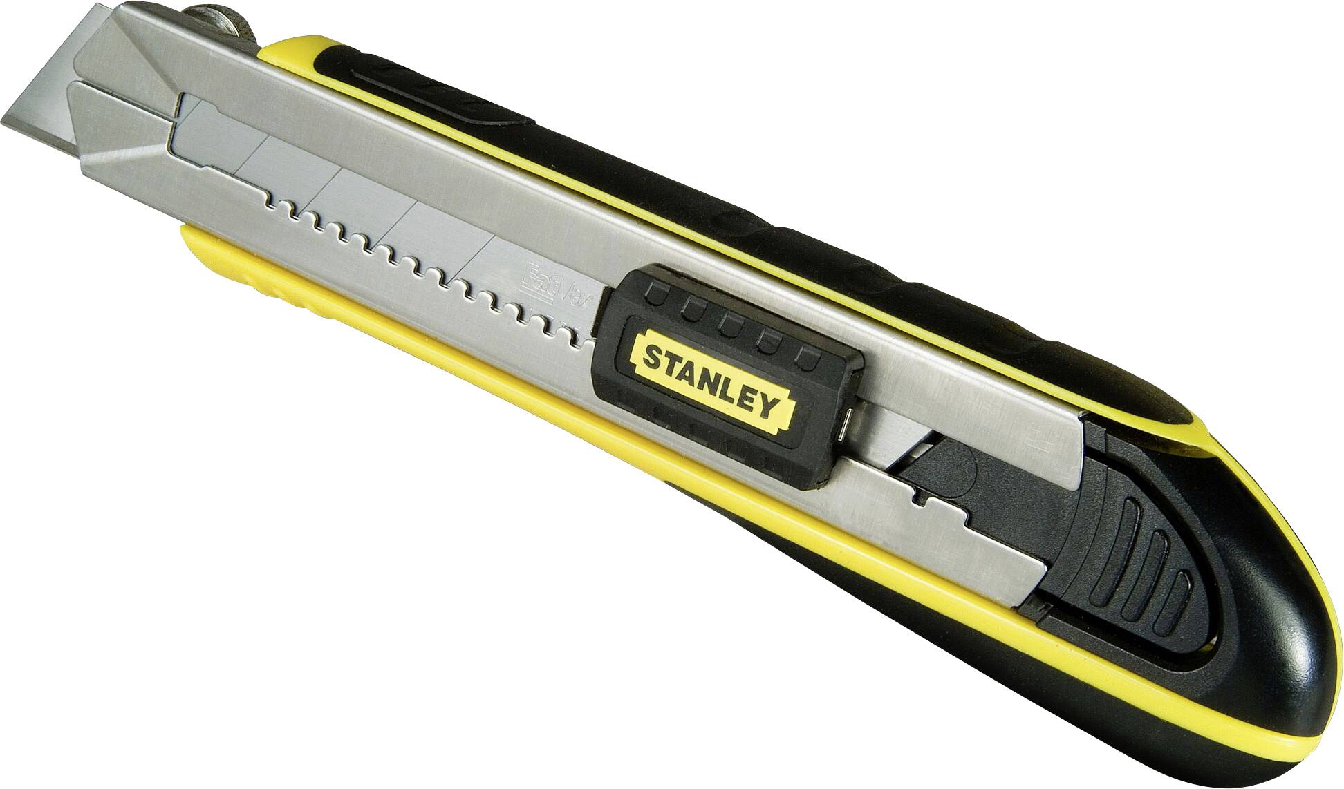 Un cutter giallo e nero con lama retrattile e il nome del marchio 'Stanley' sul lato.