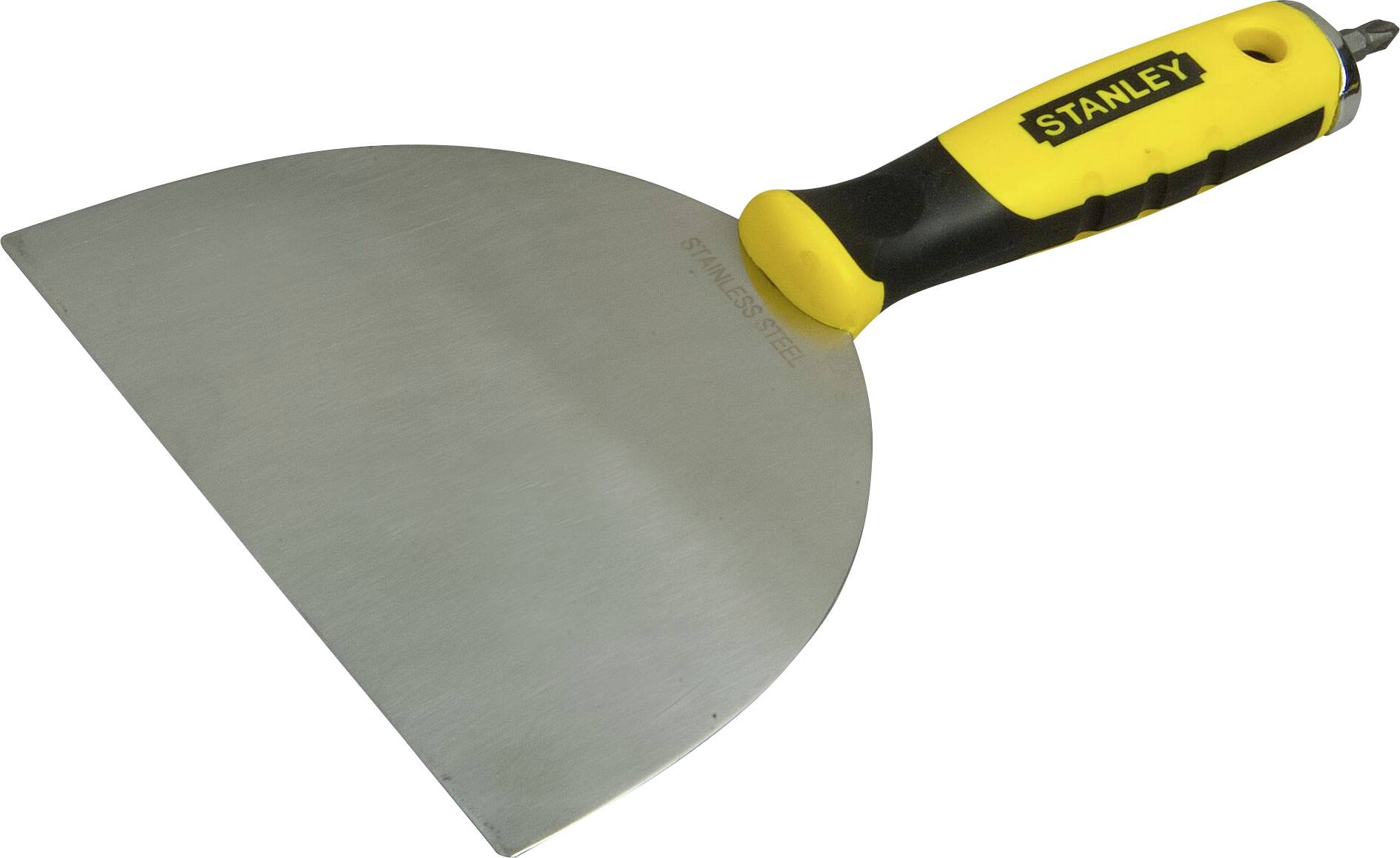 Spatola con manico giallo e nero della marca Stanley, utilizzata per lavori di intonacatura o per levigare superfici.
