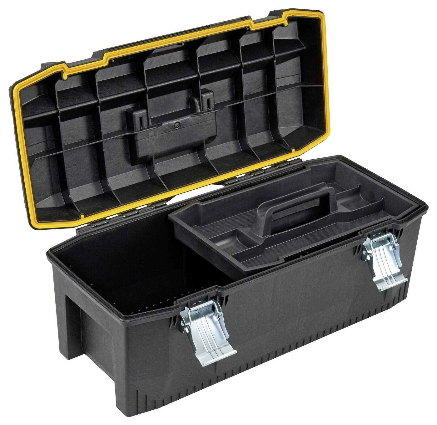 Una cassetta degli attrezzi nera aperta con bordo giallo, con un comparto estraibile all'interno e due chiusure metalliche.