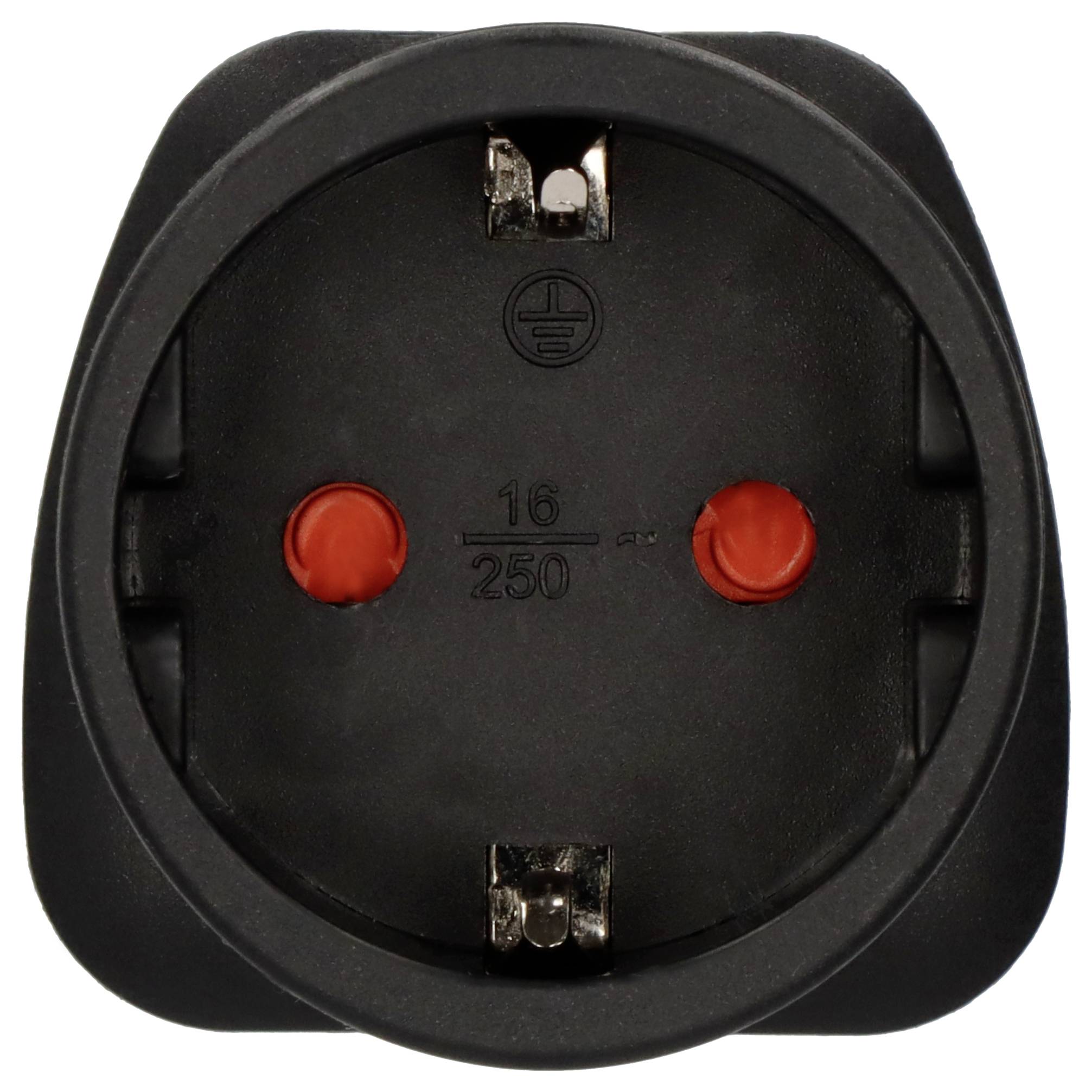 Una presa Schuko nera con due fori per spinotti e contatto di terra, idonea per 16 A e 250 V.