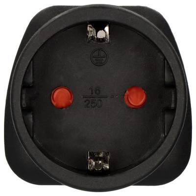 Una presa Schuko nera con due fori per spinotti e contatto di terra, idonea per 16 A e 250 V.