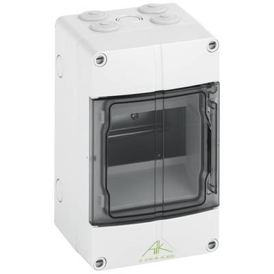 Una scatola grigia con coperchio trasparente e diversi attacchi sulla parte superiore. Adatta per installazioni elettriche all'esterno.