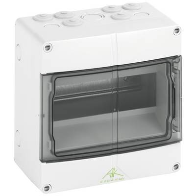 Un involucro bianco vuoto con coperchio ribaltabile trasparente, adatto per installazioni elettriche. Riconoscibile in alto a destra.