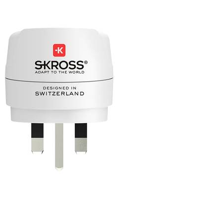 Adattatore da viaggio SKROSS con tre connessioni per prese elettriche, progettato in Svizzera, custodia bianca, scritta 'Adapt to the world'.
