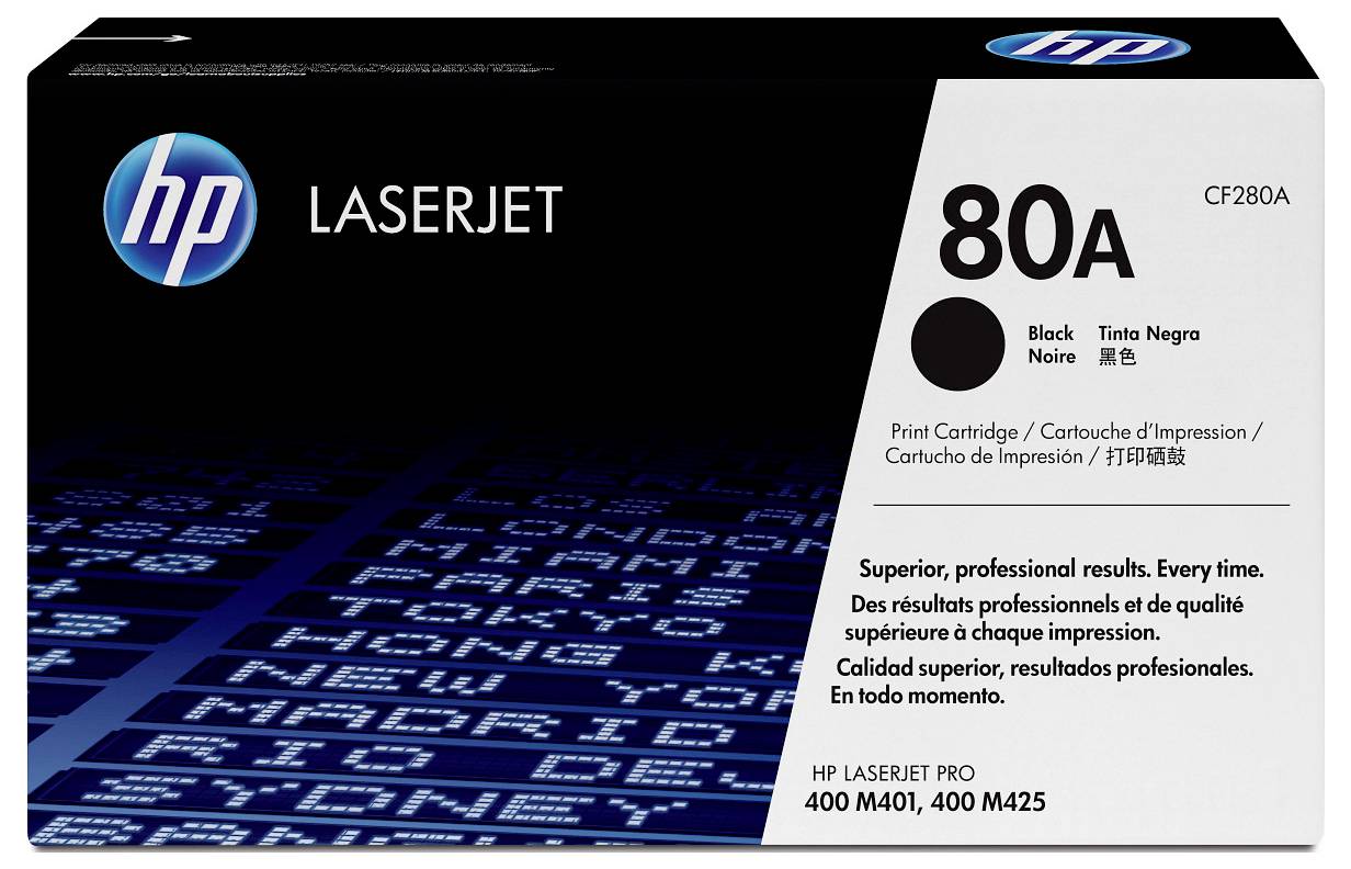 Scatola di cartuccia di toner nero HP LaserJet 80A per stampanti HP LaserJet Pro 400 M401 e 400 M425.