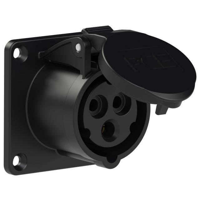 Una presa elettrica nera per uso industriale, con coperchio di protezione per i contatti.