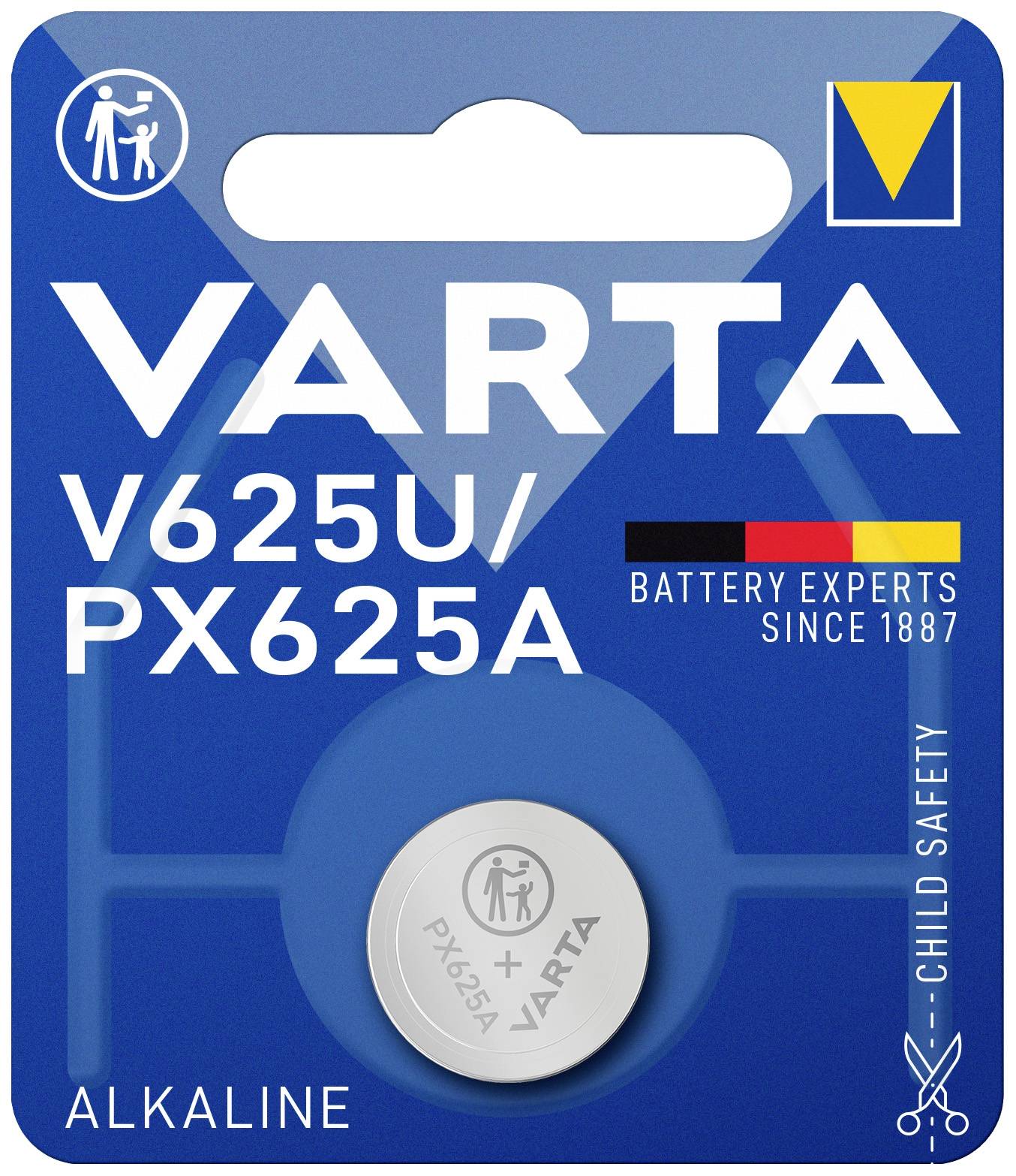 Batteria alcalina 'VARTA V625U/PX625A' su sfondo blu, confezione a prova di bambino, esperti di batterie dal 1887.