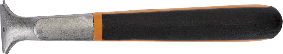 Un utensile manuale con impugnatura ergonomica bicolore, composto da una testa in metallo e un manico in gomma nero e arancione.