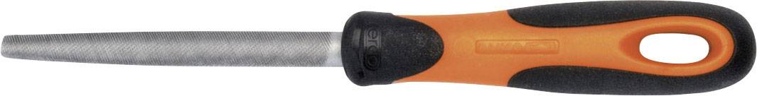 Una lima rotonda in metallo con un manico ergonomico arancione e nero. Viene utilizzata per levigare superfici metalliche.