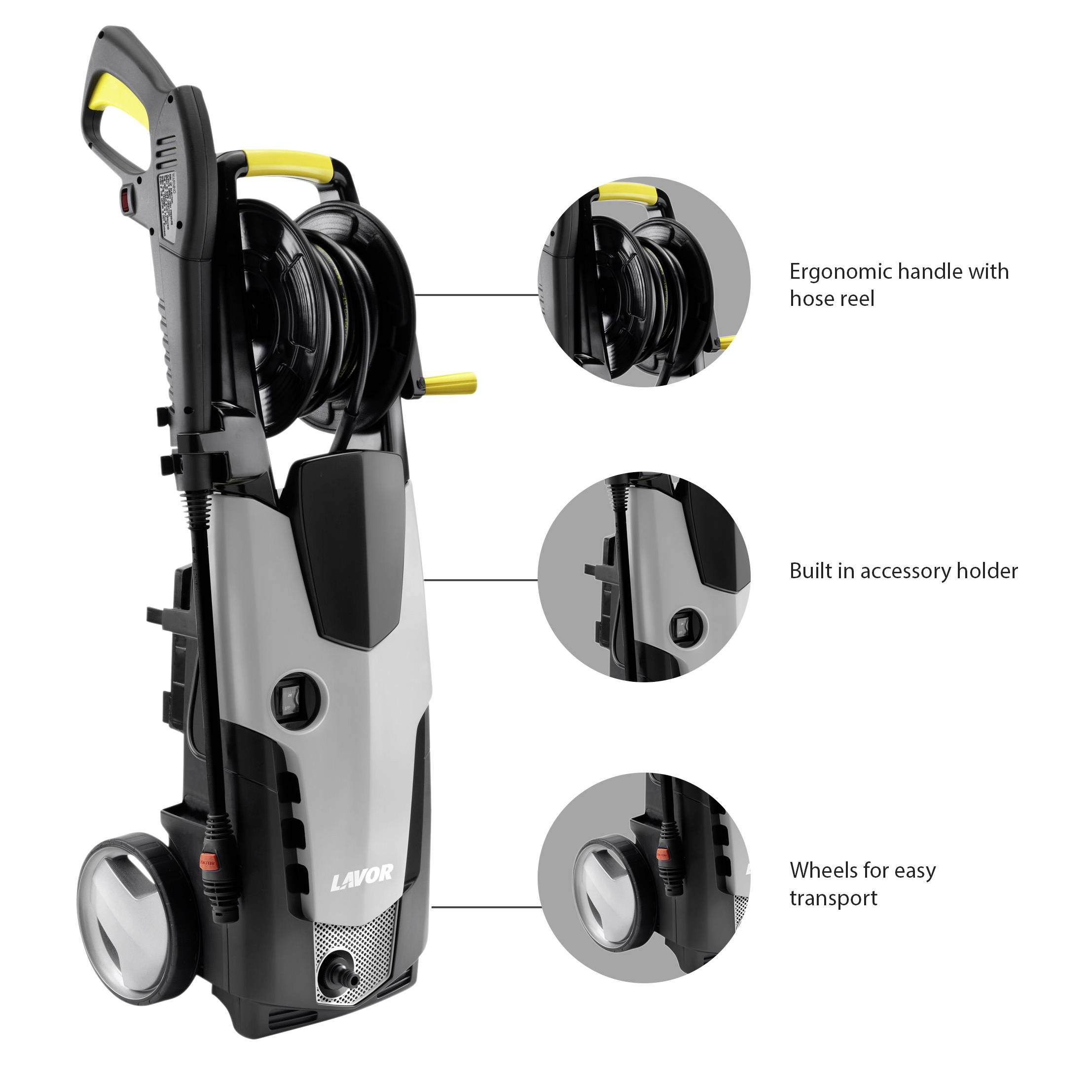Idropulitrice con impugnatura ergonomica, supporto integrato per accessori e ruote per un trasporto agevole.