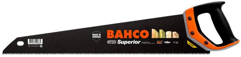 Sega a mano marca Bahco con lama nera e impugnatura a motivi. Scritta: 'Bahco Superior'. Adatta per tagli precisi.