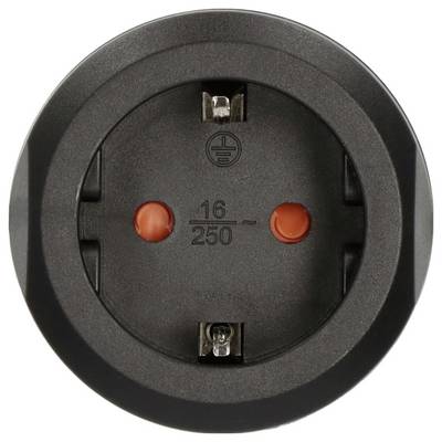 Primo piano di una presa elettrica da parete di colore nero con due tappi di sicurezza rotondi arancioni e un simbolo di messa a terra, etichettata 16/250.