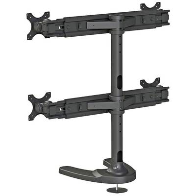 Un supporto per monitor doppio in metallo con bracci regolabili, idoneo per il montaggio di due monitor affiancati.