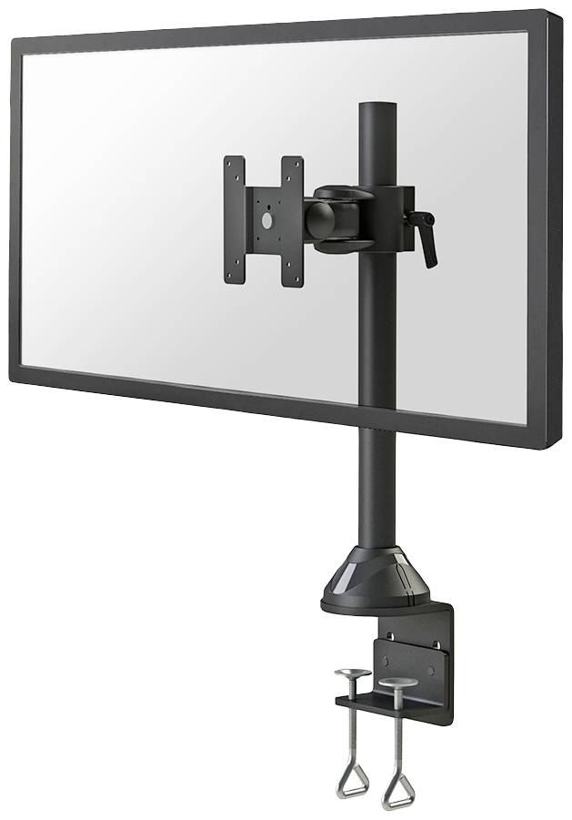 Un braccio per monitor nero, fissato a un tavolo, mantiene uno schermo in una posizione ergonomica per la visione.